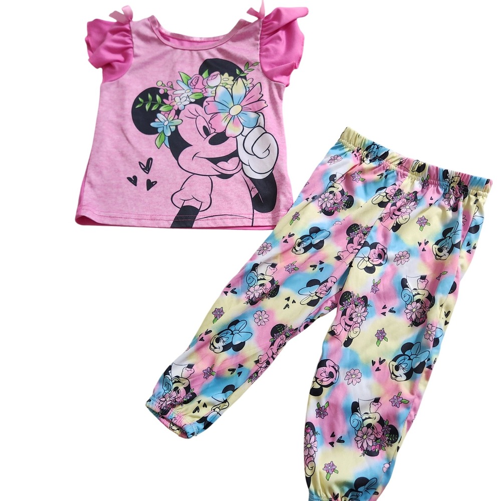 Disney Junior Minnie Mouse Pajama Set Girls 2T Pink Tie Dye Floral Hearts